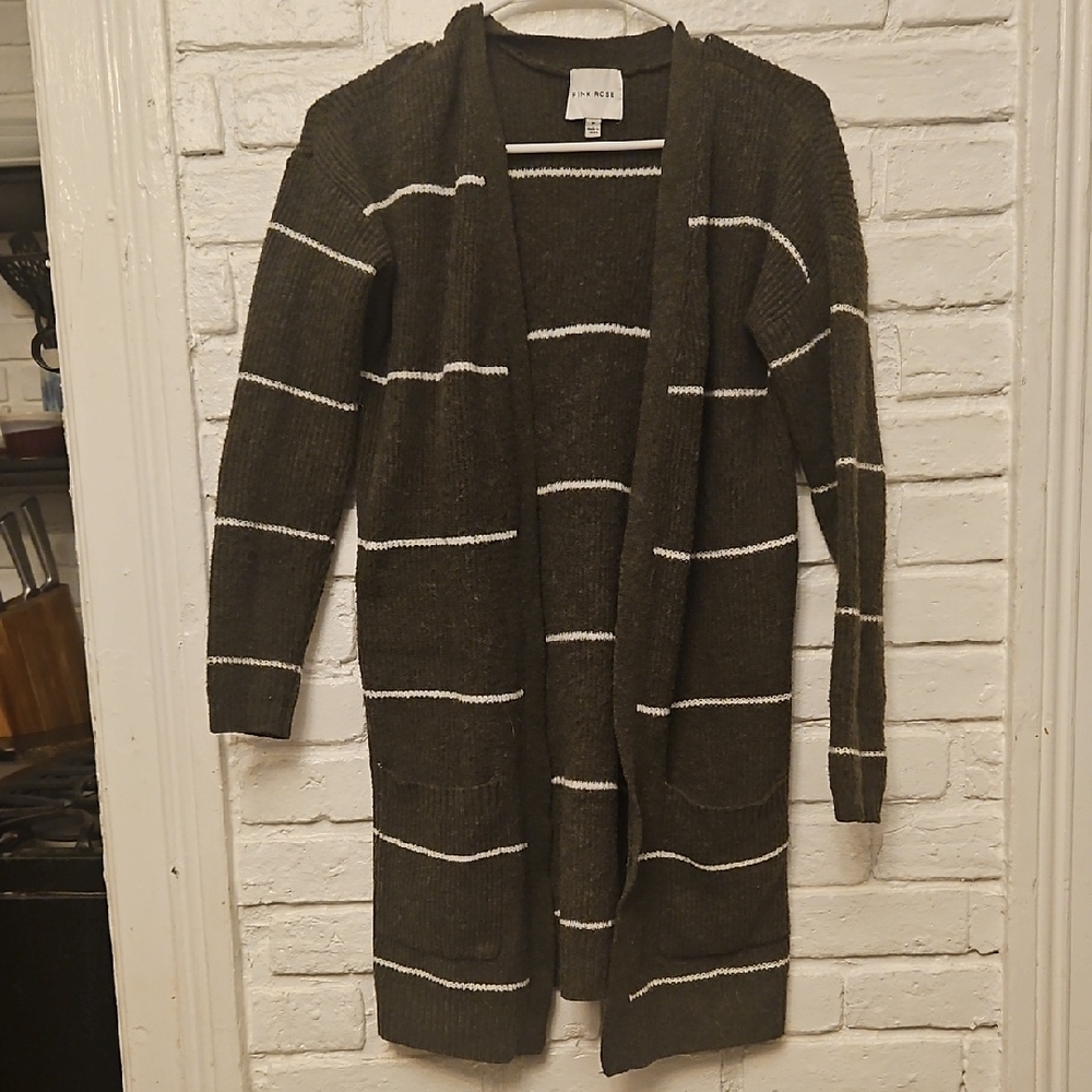 Pink Rose Charcoal and White Striped Cardigan